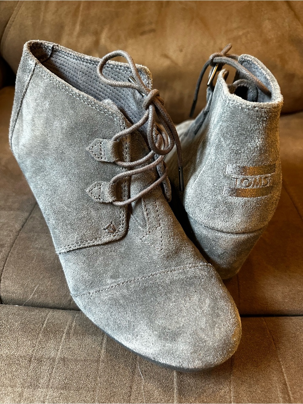 TOMS Gray Suede Lace-Up Wedge Booties